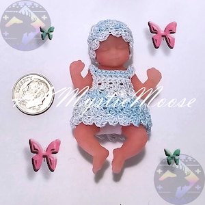 Tiny Crochet Dress & Hat for 2.5&quot;  Surprise My Baby and similar Mini Silicone Baby Dolls - Outfit ONLY Doll NOT Included - Pastel Blues