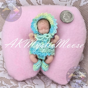 Tiny Crochet Dress & Bonnet Set for 2.5&quot;  My Baby and similar Mini Silicone Baby Dolls - Outfit ONLY - Doll NOT Included - Sea Island