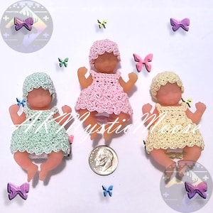 Tiny Crochet Dress & Hat for 2.5&quot;  My Baby and similar Mini Silicone Baby Dolls - Outfit ONLY Doll NOT Included- Green, Pink, Yellow