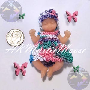 Tiny Crochet Dress & Hat for 2.5&quot; Zuru Surprise My Baby and similar Mini Silicone Baby Dolls - Outfit ONLY - Doll NOT Included - Summer Fun