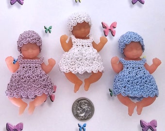 Tiny Crochet Dress & Hat for 2.25" Zuru My Baby and similar Mini Silicone Baby Dolls - Outfit ONLY Doll NOT Included- Purple, Blue, White