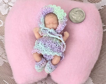 Tiny Crochet Dress & Bonnet Set for Zuru Surprise My Baby and similar Mini Silicone Baby Dolls - Outfit ONLY - Doll NOT Included - Pastels
