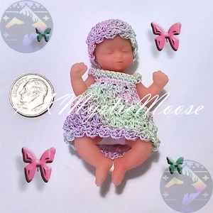Tiny Crochet Dress & Hat for 2.5&quot;  Surprise My Baby and similar Mini Silicone Baby Dolls- Outfit ONLY Doll NOT Included- Easter Pastels