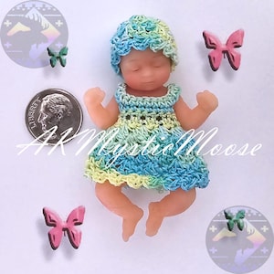 Tiny Crochet Dress & Hat for 2.5&quot;  Surprise My Baby and similar Mini Silicone Baby Dolls - Outfit ONLY Doll NOT Included- Sea Island