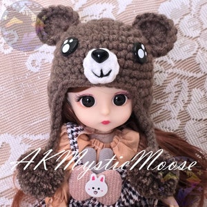 Mini Animal Character Earflap Hat For 5-6in / 13-16cm Head Size - BJD, Berenguer, Reborn Dolls - Doll NOT Included - Bear