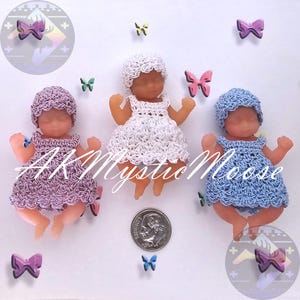 Tiny Crochet Dress & Hat for 2.5&quot;  My Baby and similar Mini Silicone Baby Dolls - Outfit ONLY Doll NOT Included- Purple, Blue, White