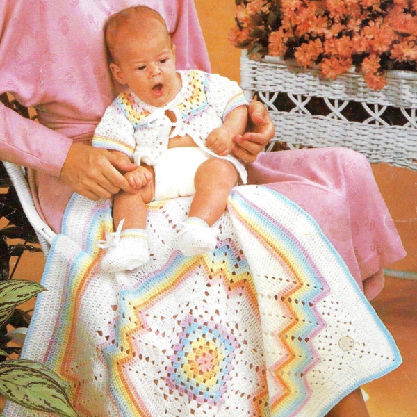 PDF Instant Download Vintage Pattern Crochet Rainbow Set Blanket, Jacket Saque Sweater Booties
