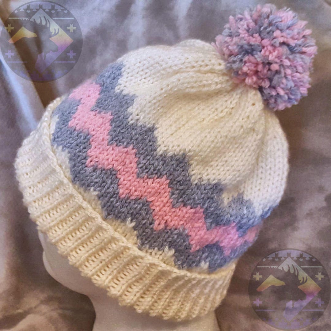 Handknit Winter Hat Beanie Handmade Chevron Zig Zag Design 