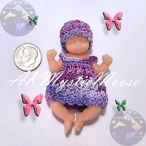 Tiny Crochet Dress & Hat for 2.5&quot;  Surprise My Baby and similar Mini Silicone Baby Dolls - Outfit ONLY - Doll NOT Included - Grape
