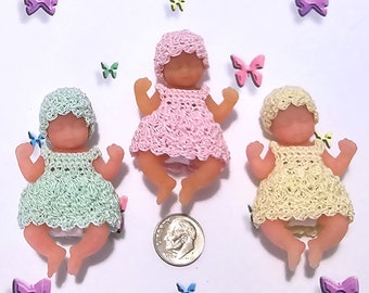 Tiny Crochet Dress & Hat for 2.5" Zuru My Baby and similar Mini Silicone Baby Dolls - Outfit ONLY Doll NOT Included- Green, Pink, Yellow