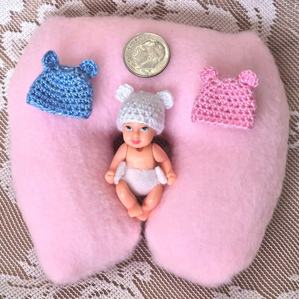 Tiny Crochet Hat with Ears for 1.75-2in/4.5-5cm Head Size -Fits 2" Barbie Baby & Mini Silicone Dolls - Dolls NOT Included - Choice of Color