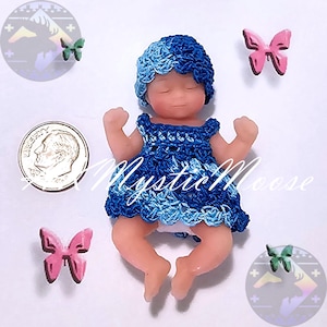 Tiny Crochet Dress & Hat for 2.5&quot;  Surprise My Baby and similar Mini Silicone Baby Dolls - Outfit ONLY - Doll NOT Included - Turquoise