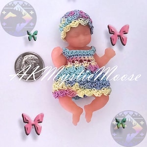 Tiny Crochet Dress & Hat for 2.5&quot;  Surprise My Mini Baby and similar Mini Silicone Baby Dolls- Outfit ONLY Doll NOT Included- Butterfly