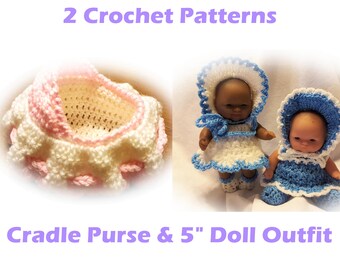 Instant Download 2 Crochet Patterns Vintage Style Quick and Easy Doll Cradle Purse Dress and Bonnet Set for 5 inch Baby Doll Berenguer