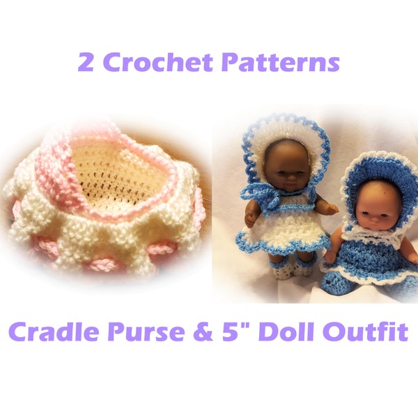 PDF Téléchargement instantané 2 modèles de crochet style vintage Rapide et facile Doll Cradle Purse Dress and Bonnet Set pour 5 pouces Baby Doll Berenguer