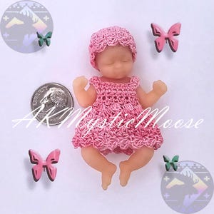 Tiny Crochet Dress & Hat for 2.5&quot;  Surprise My Baby and similar Mini Silicone Baby Dolls - Outfit ONLY - Doll NOT Included - Parade