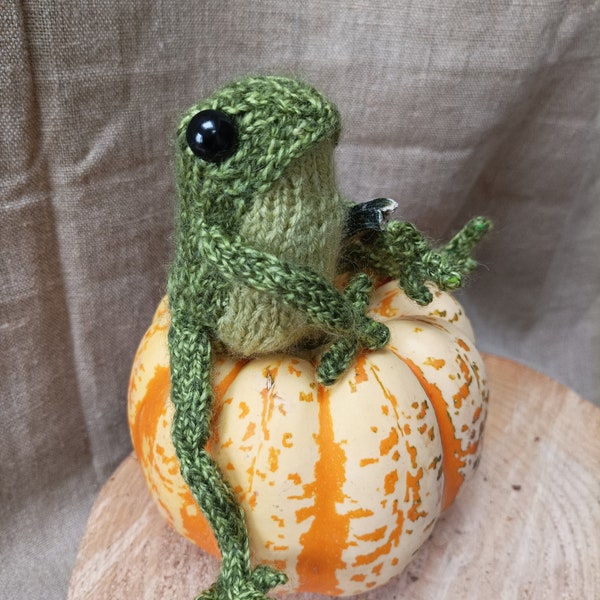 Hand knitted pocket frog , speckled green