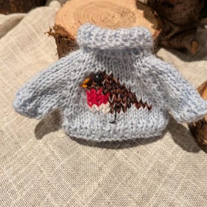 Op de afbeelding: Een kleine lichtblauwe gebreide trui met een gedetailleerd roodborstje op de voorkant. De vogel heeft rode, bruine en witte accenten. De trui heeft een geribbelde kraag en mouwen en wordt gepresenteerd op een getextureerd, neutraal gekleurd oppervlak.