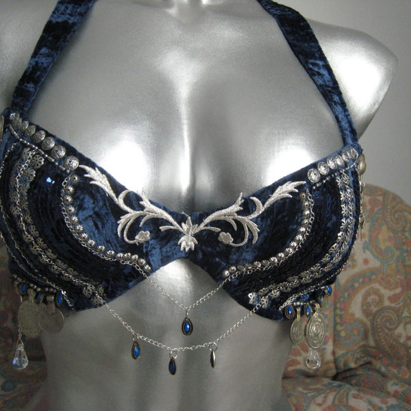 Blue navy /silver bellydance or Tribal  dance bra top.