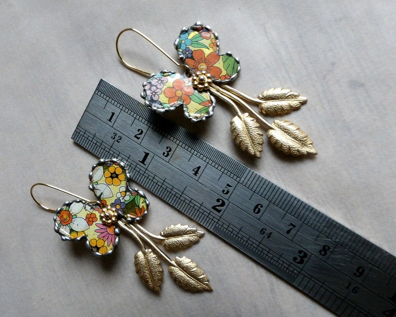 Earrings recycled tin brass leaves Butterflies