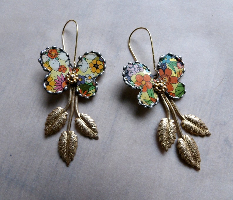 Earrings recycled tin brass leaves Butterflies