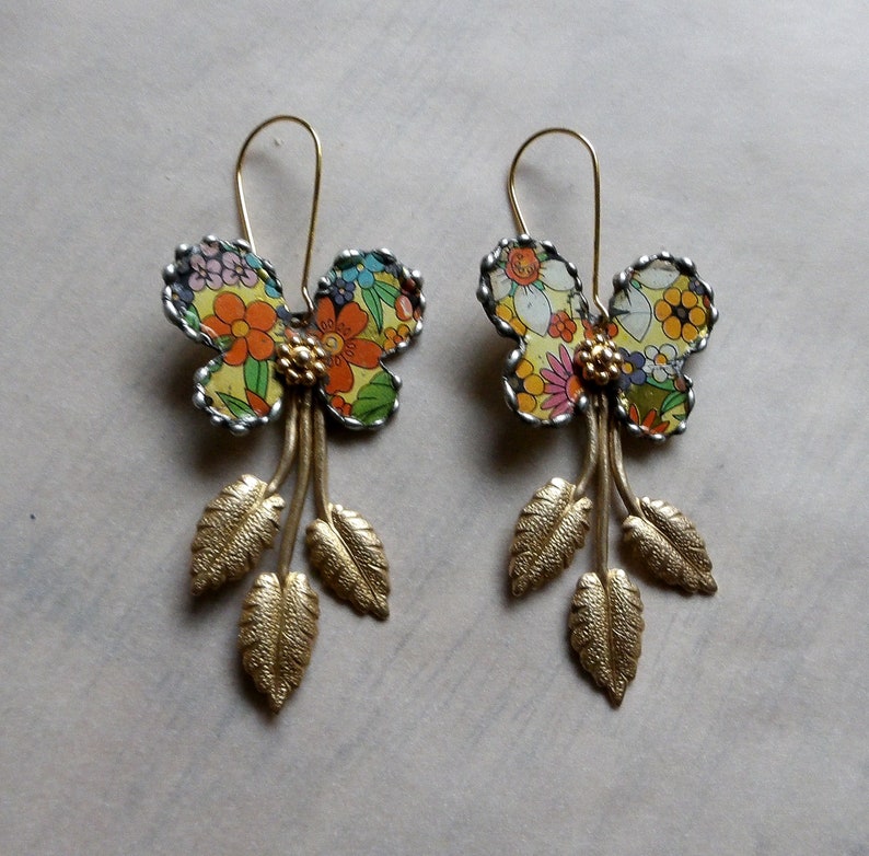 Earrings recycled tin brass leaves Butterflies