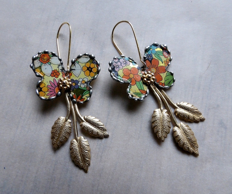 Earrings recycled tin brass leaves Butterflies
