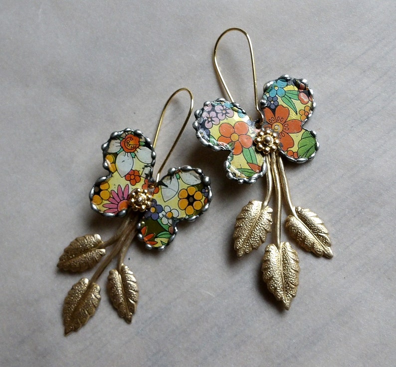 Earrings recycled tin brass leaves Butterflies