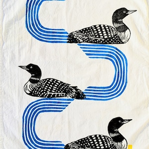 Three Loons Tea Towel - Linocut - Designed and Handprinted in Maine