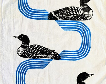 Three Loons Tea Towel - Linocut - Designed and Handprinted in Maine