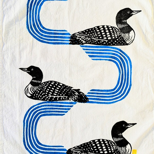 Three Loons Tea Towel - Linocut - Designed and Handprinted in Maine