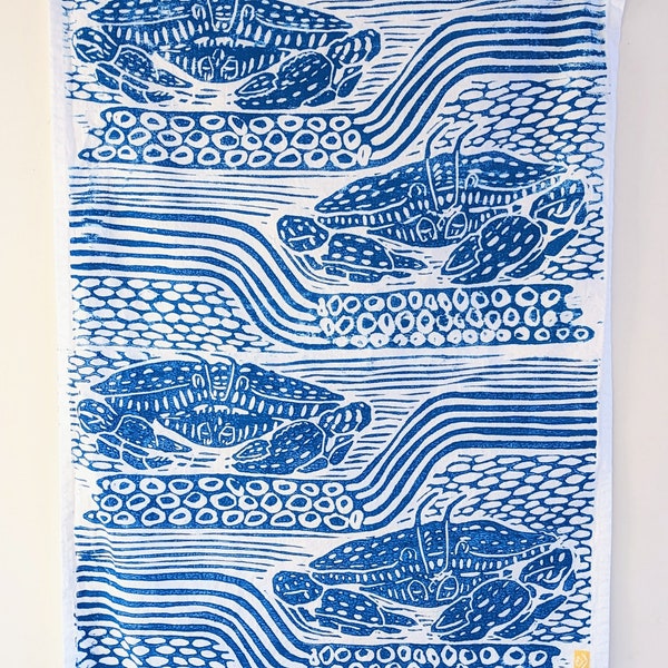 Rock Crab Tea Towel - Linocut Carved and Printed in Maine - Blue Ink