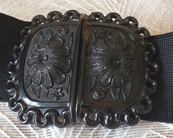 Victorian Vulcanite Buckle on Beaded Black Glass Belt