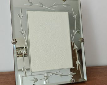 Large Antique Mirrored Glass Photo Frame - Etched Bevelled Glass