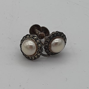 Faux Pearl Silber und Markasit Ohrringe - 1950er Jahre
