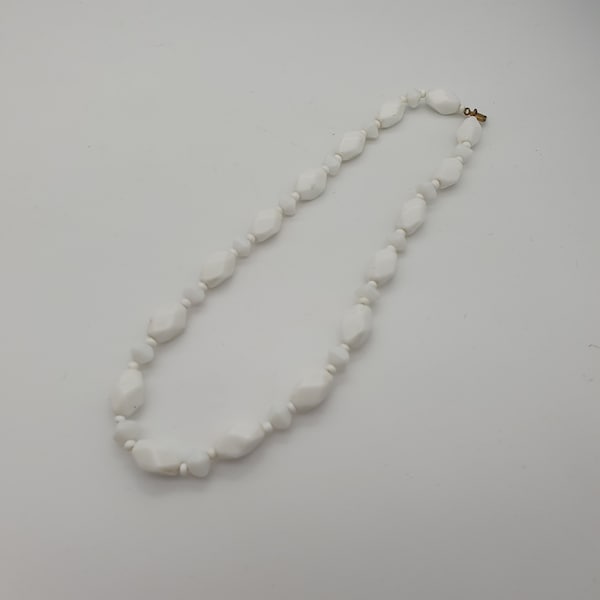 Czech Milk Glass Necklace - Moulded Beads - Signed