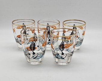 Juego de 5 vasos de chupito estilo atómico de los años 50.