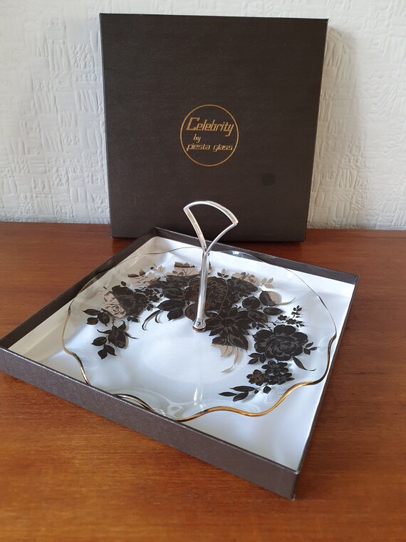 Glass Cake Plate With Handle Fiesta Silver Roses Etsy