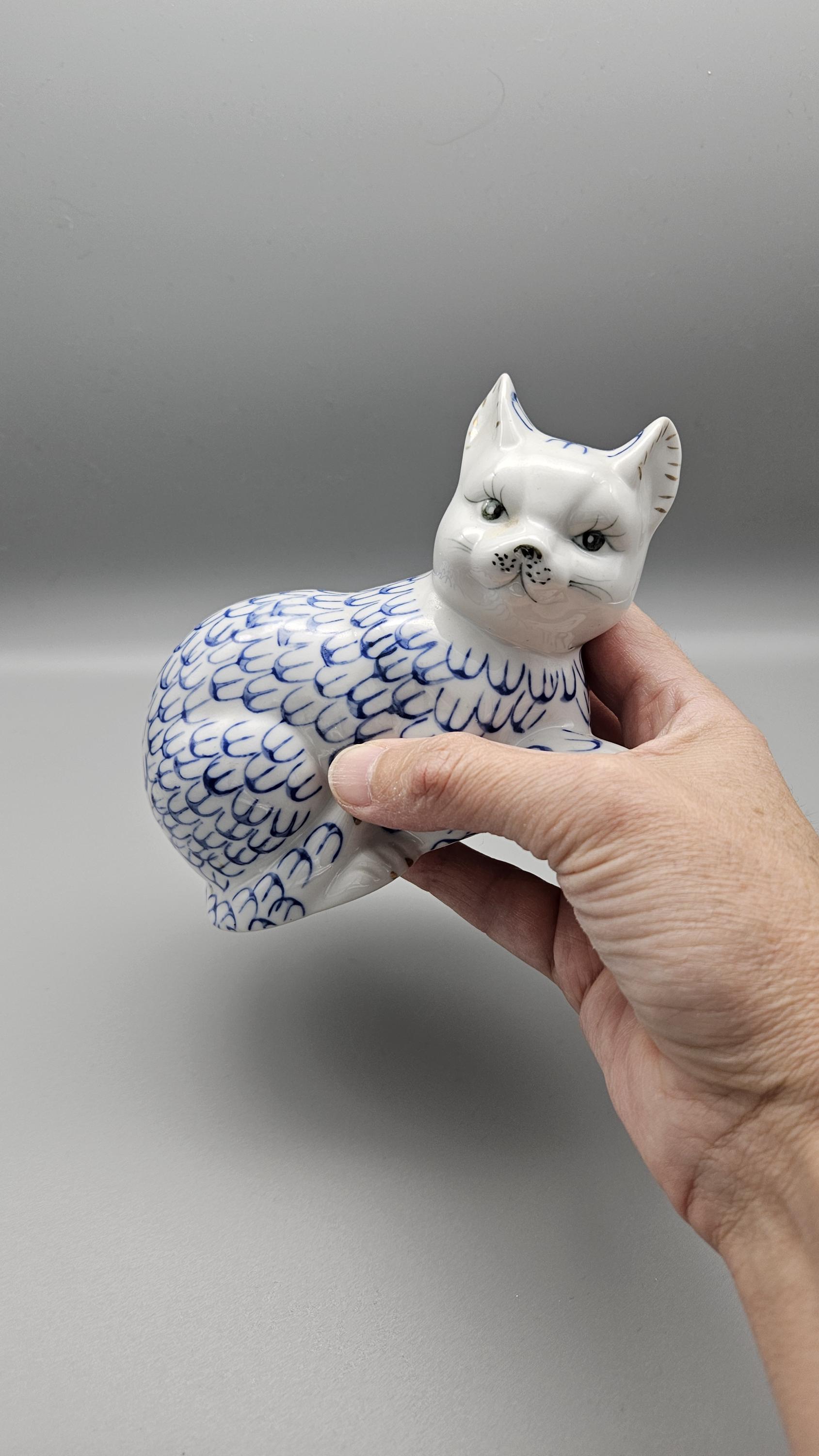 青と白の陶器製猫のオーナメント - 手描き - Etsy 日本