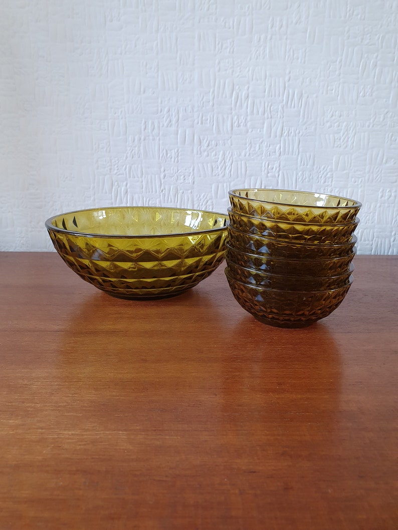Amber Glass Dessert Set 7 Bowls Hobnail Pattern