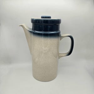May include: A white and blue ceramic coffee pot with a speckled glaze. The pot has a wide spout and a handle.