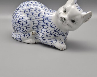 白い猫の陶器オーナメント 青と白の陶器製猫のオーナメント - 手描き - Etsy 日本