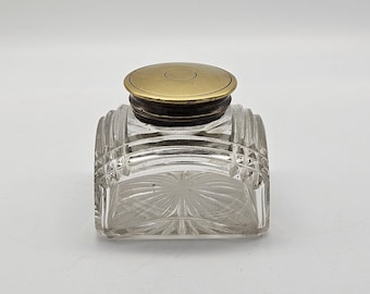 Antique Cut Glass & Brass Inkwell with Star Cut Base