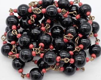 Vintage Wire Necklace with Glass Beads - Black & Coral Red Single Strand