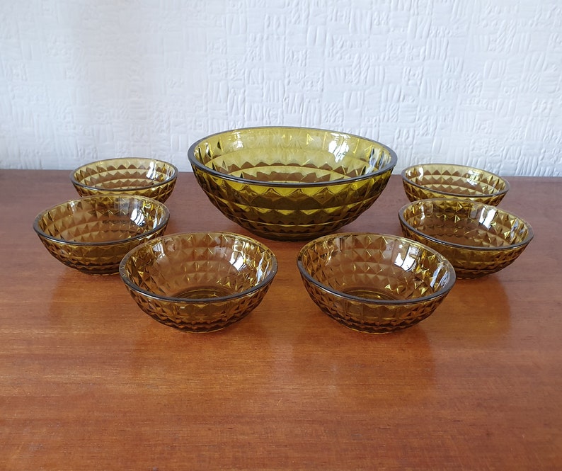 Amber Glass Dessert Set 7 Bowls Hobnail Pattern