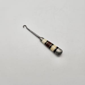 Antique Tiny Button Hook - Brass, Steel and Bakelite Striped Handle