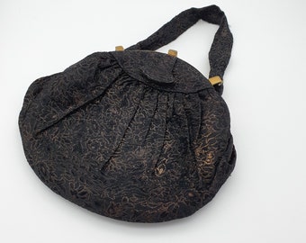 Vintage Black and Gold Jacquard Bag Purse -  C1940s