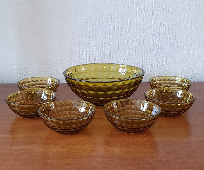 Amber Glass Dessert Set 7 Bowls Hobnail Pattern