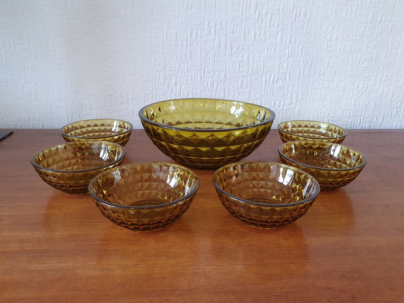Amber Glass Dessert Set 7 Bowls Hobnail Pattern