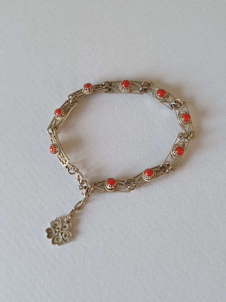 Coral Colour Stones 800 Silver Metal Filigree Panel Bracelet